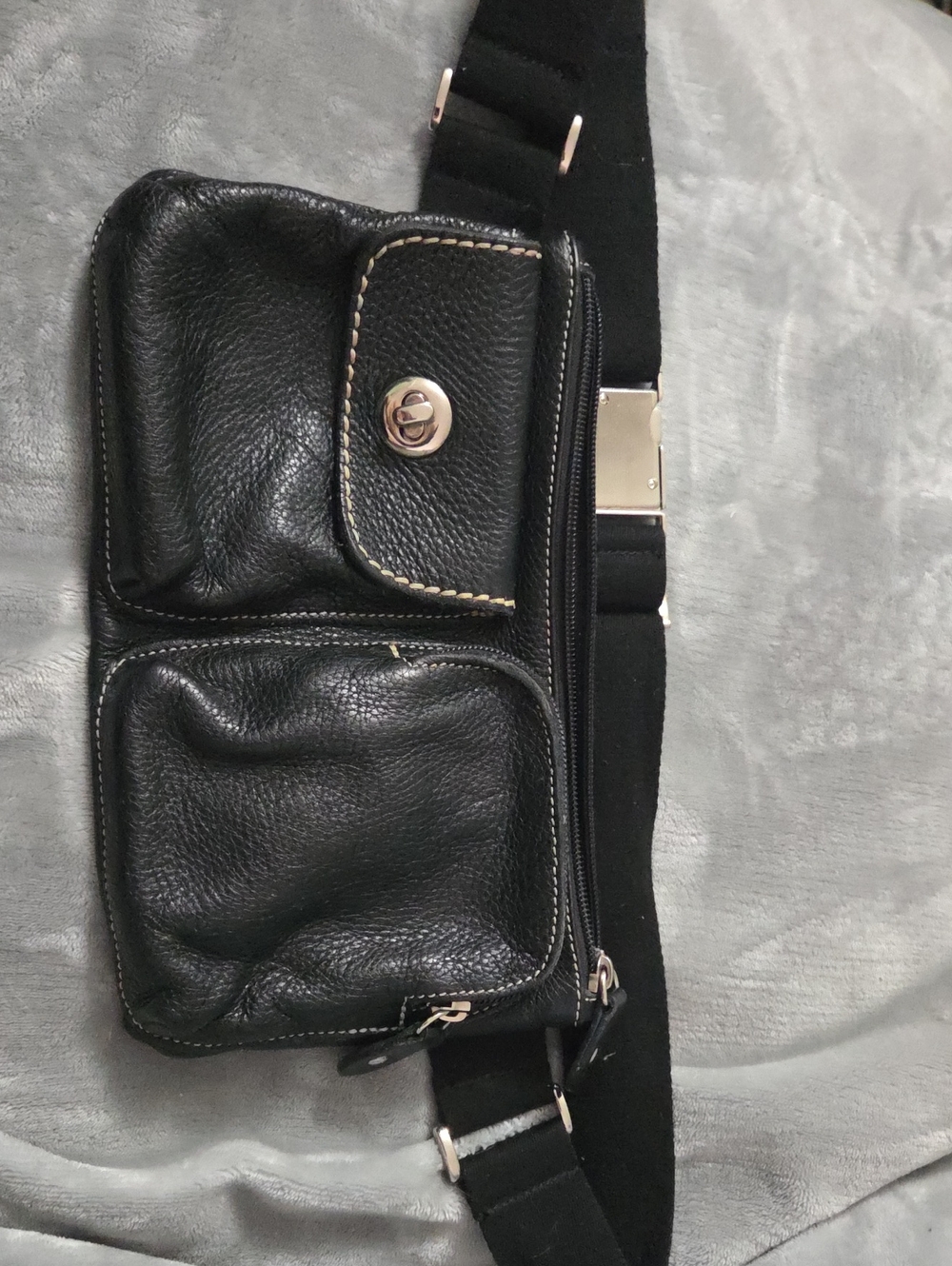 Roots Black Leather Crossbody Belt Bag with Silver Hardware